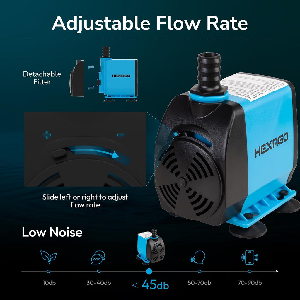 Hexago 800GPH Submersible Pump, Ultra Quiet Water Fountain Pumps with 10FT High Lift, 6FT Power Cord, 3 Nozzles, Durable Water Pump for Fish Tank, Pond Fountains, Aquarium, Statuary, Hydroponics
