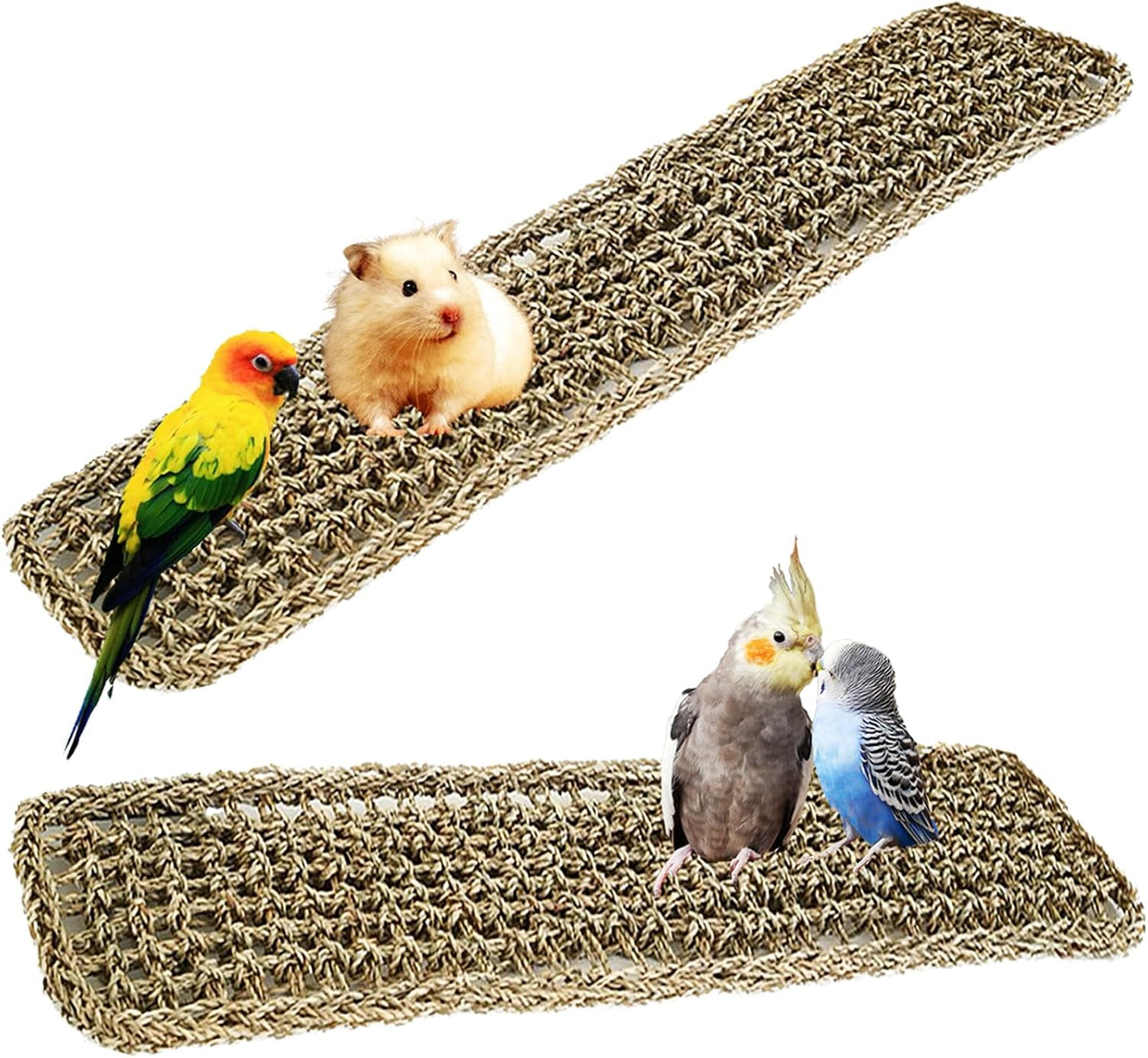 39 x 7 Inches Seagrass Mat, Natural Grass Woven Bird Net Hammock Mat, Climbing Rope Ladder Chew Toy, Cage Accessories for Parrots, Psittacines, Cockatiels, Hamsters, Lovebirds, Mice (2 Pack)