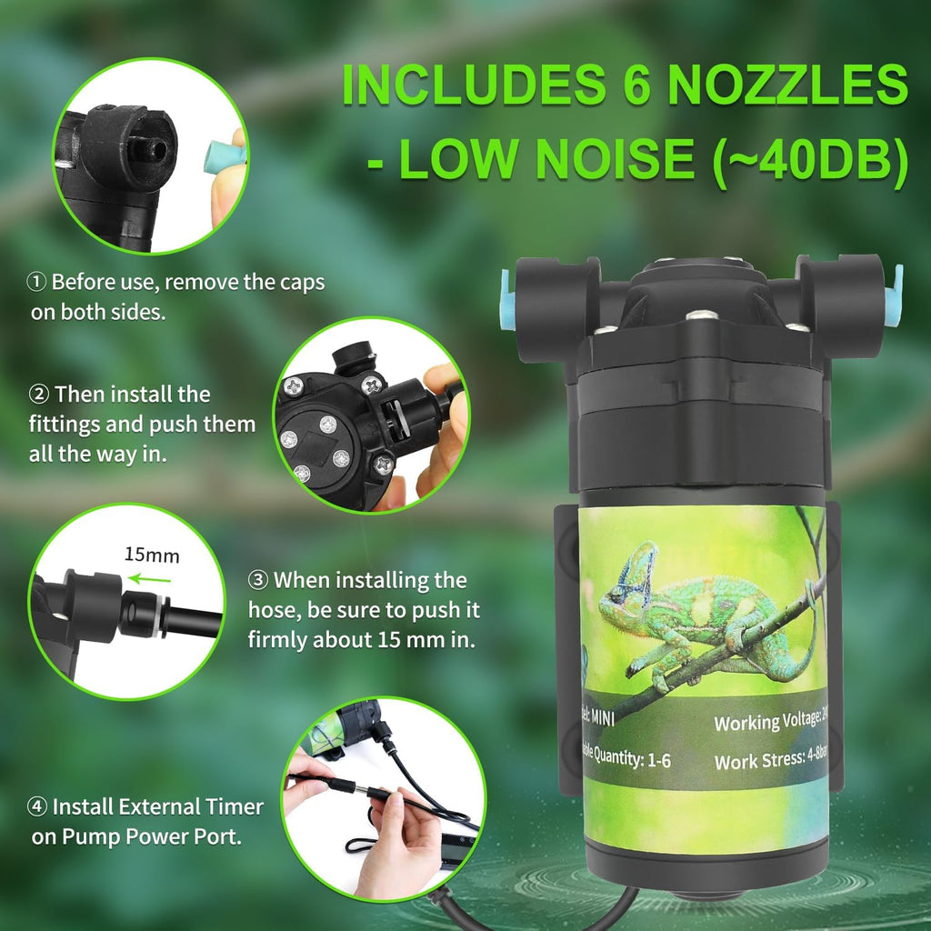 Reptile Misting System with Timer, 6 Nozzles, Self-Priming Pump, Fine Mist