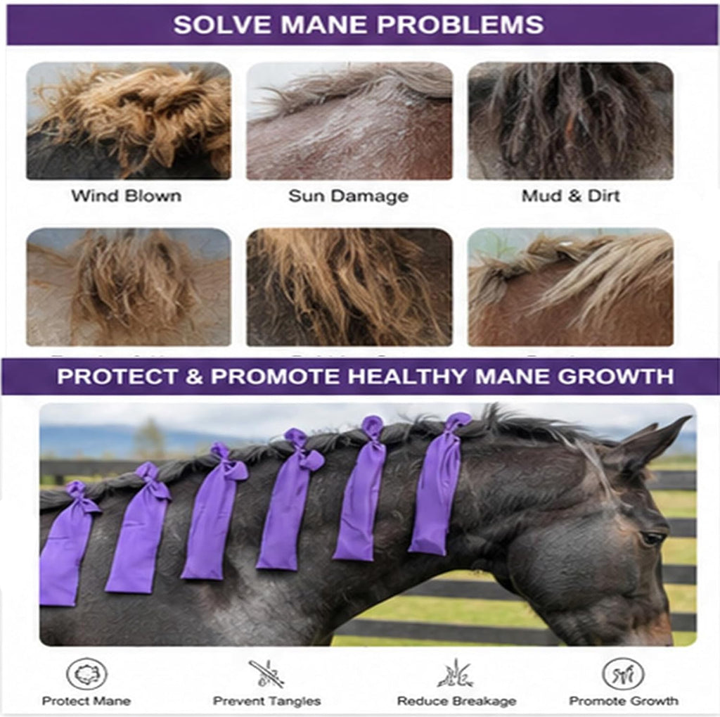 Horse Mane Bags for Horses - Protect Mane from Wind, Sun & Mud - Anti-Tangle & Anti-Breakage - Nylon Washable - Set of 8 (Purple & Black) (Purple)