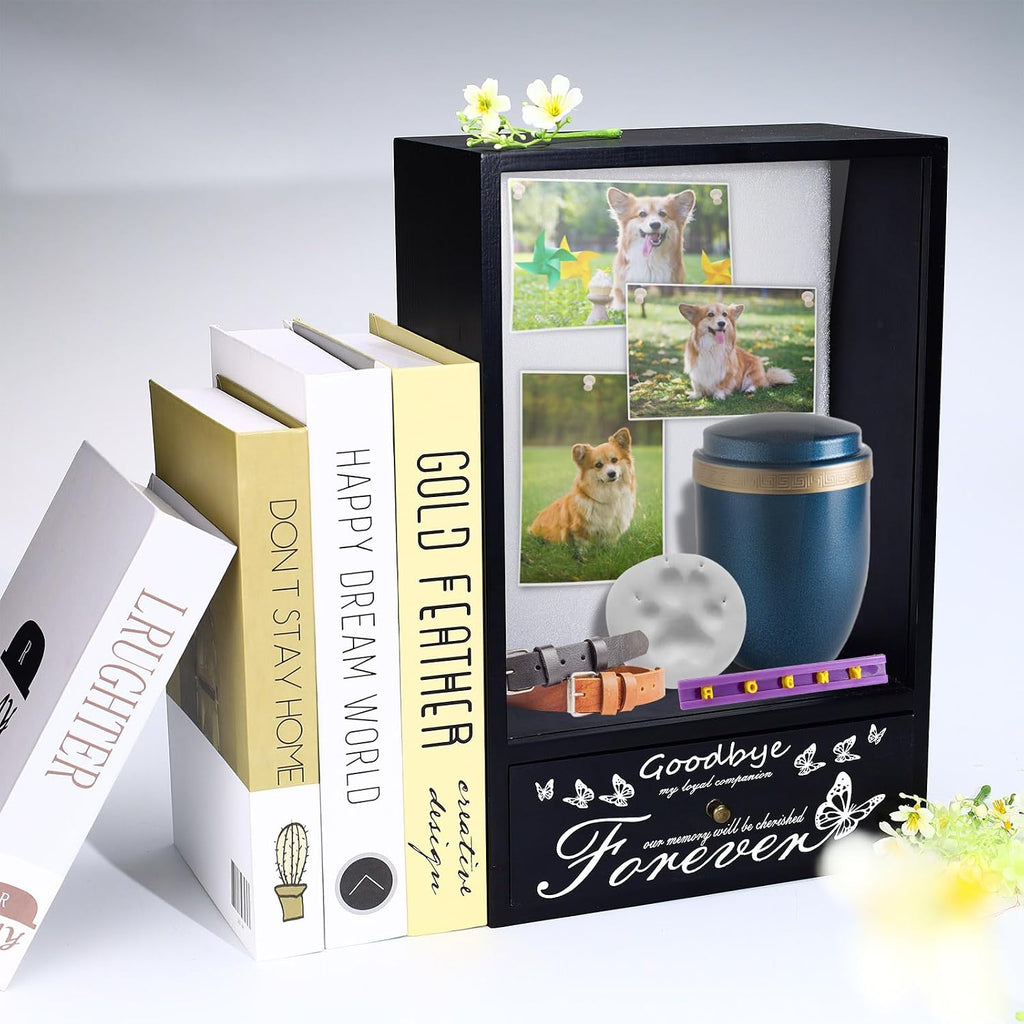 Pet Memorial Shadow Box, Pet Urn Ashes Display Case with Drawer, Dog Memorial Picture Frame Display Case, Pet Memorial Gifts for Loss of Dog with Pet Paw Print Set (Black)