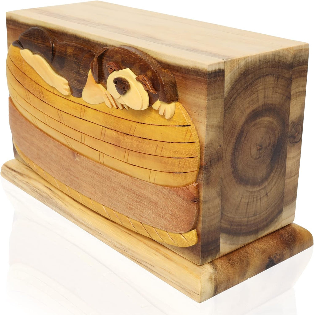 Royal Matter Wooden Cremation Pet Urn Box with Sleeping Dog Design - Oak, Black Walnut and Beech Keepsake Urns in Loving Memory of Pets - Hand Carved Memorial for Pet Ashes - 30 Cubic Inches