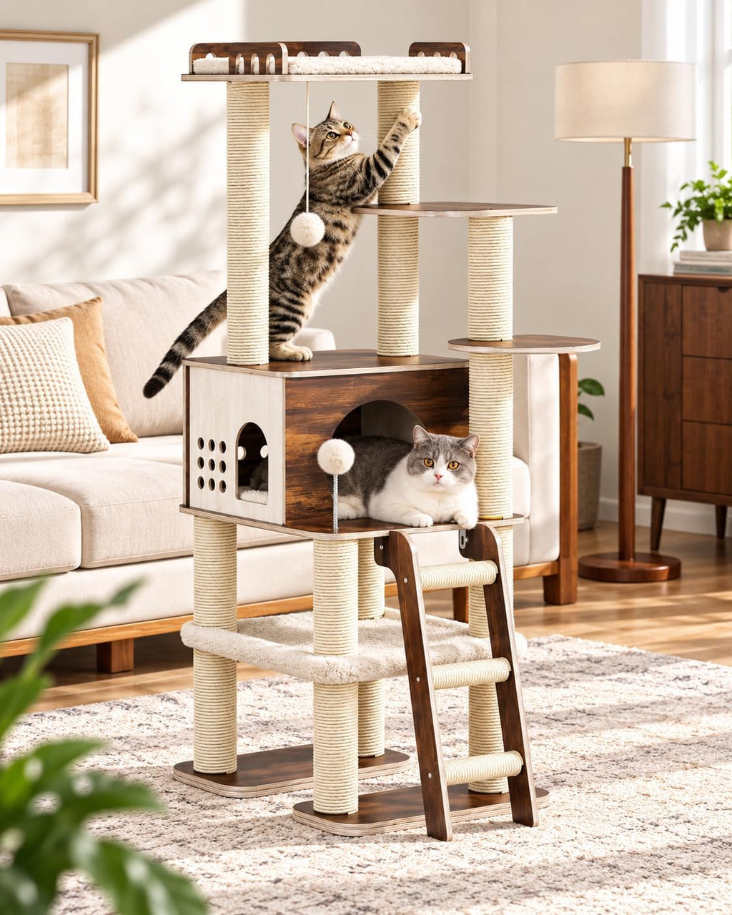 Modern Cat Tower, 60.3 Inches Multi-Level Cat Tree with Dark Wood-Look Panels, Sisal Scratching Posts, Hammock & Plush Perch, Safe for Kittens to Adult Cats