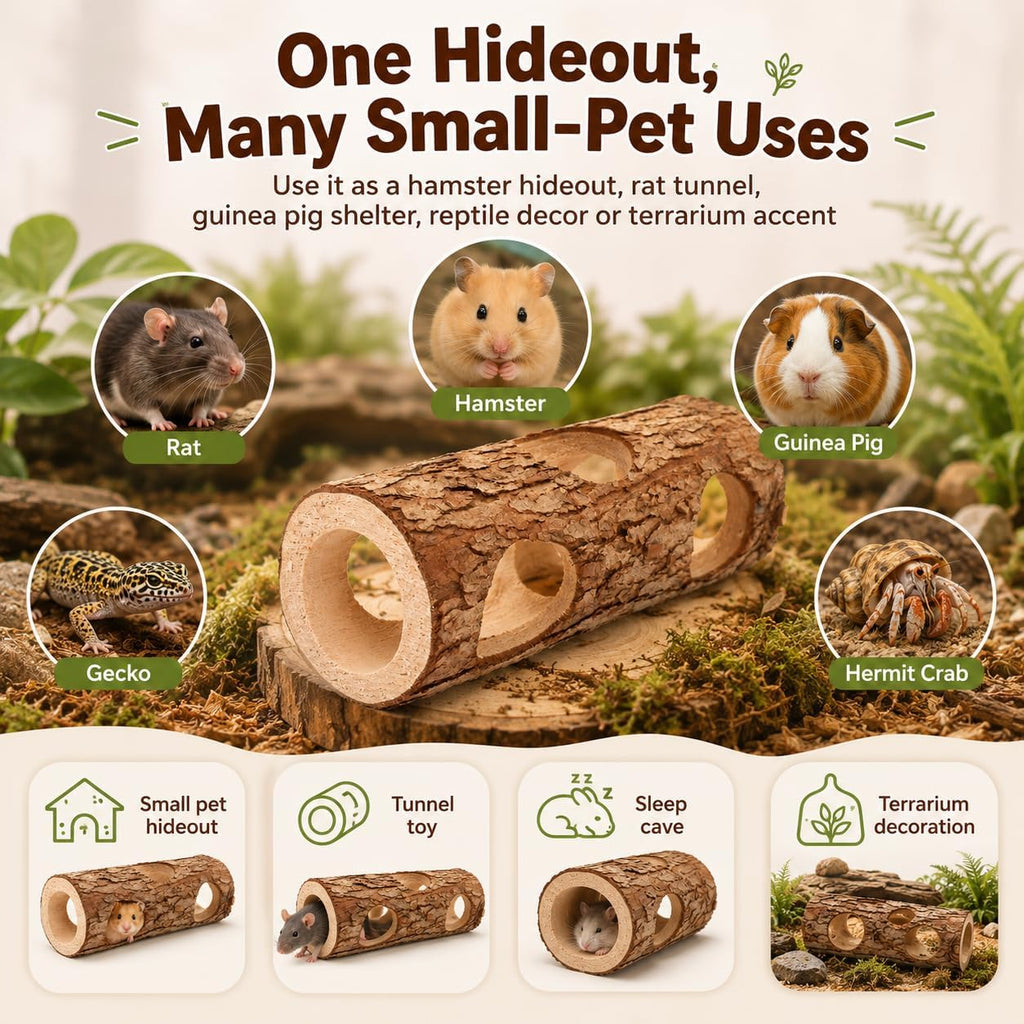 Toddmomy Wooden Hamster Hideout Tunnel for Small Animals 5.90X2.36X2.36In Rat and Guinea Pig Shelter Tube Habitat Safe Play and Rest Space