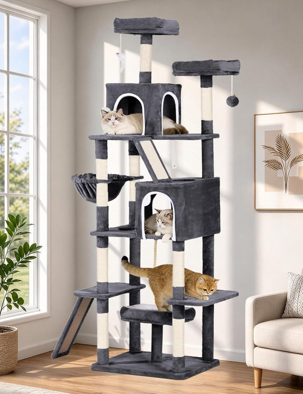 89 inch Cat Tree Tower - Extra Tall Multi-Level Cat Furniture with 2 Cozy Condos, Natural Sisal Scratching Posts, Plush Perches and Hammock for Large Indoor Cats (Dark Gray)
