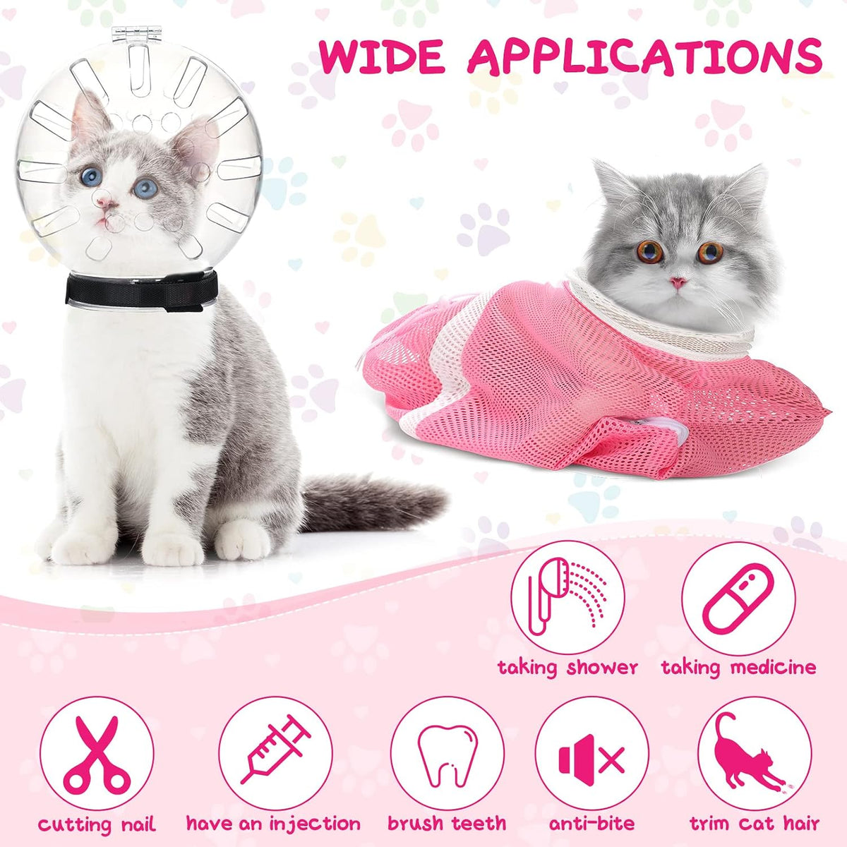Therwen 8 Pcs Cat Bathing Bag Set Adjustable Pet Shower Net Bag Cat Helmet for Grooming Breathable Muzzle Boots Paw Covers Nail Clipper Nail File Tick Tool Massage Brush Comb Pet Trimming Cleaning