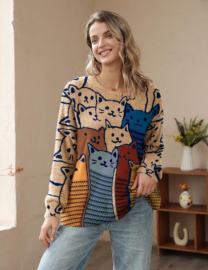 YESNO Women Christmas Sweater Graphic Printed Oversized Pullover Sweaters - Image 2