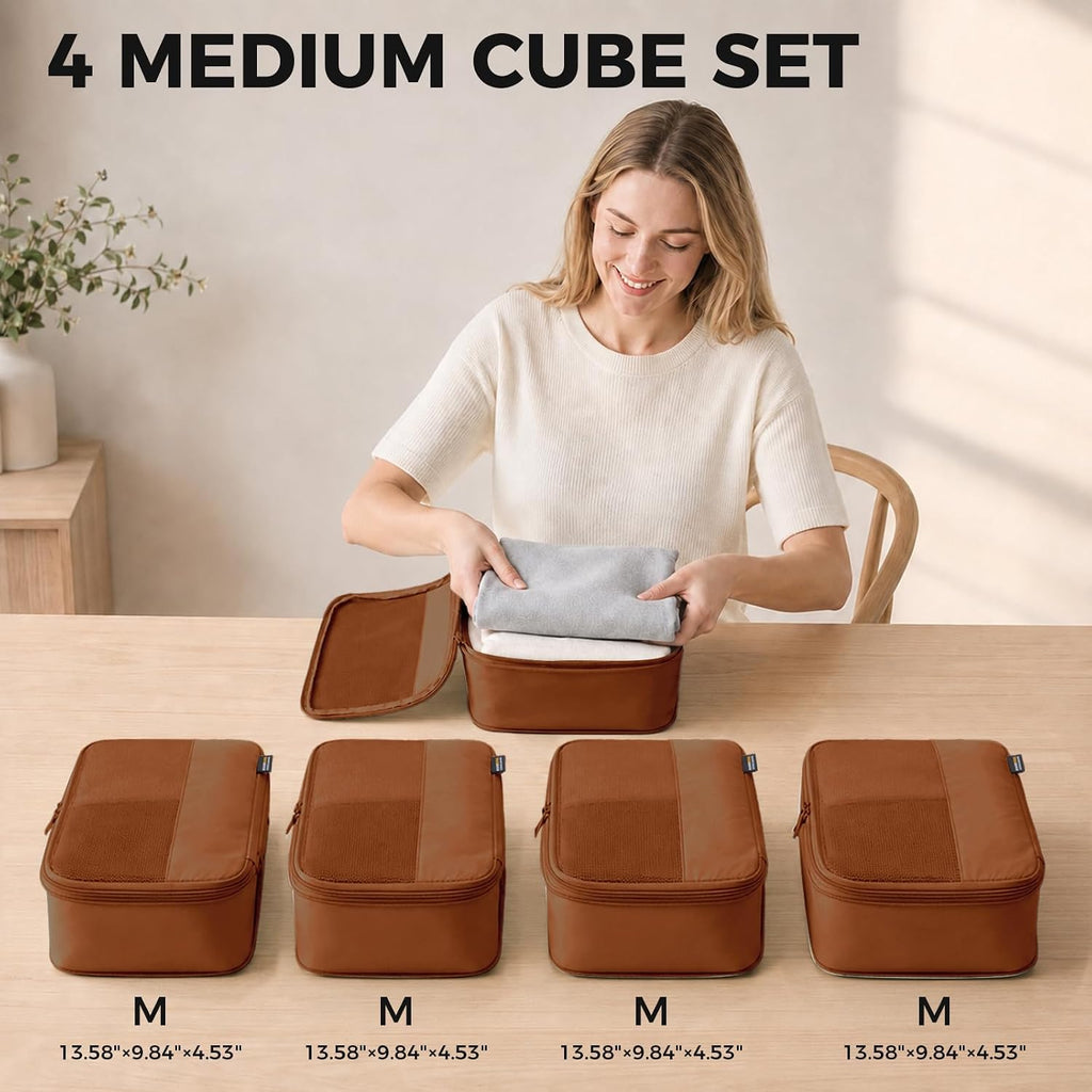 4 Medium Compression Packing Cubes for 3–7 Day Travel, Light Brown