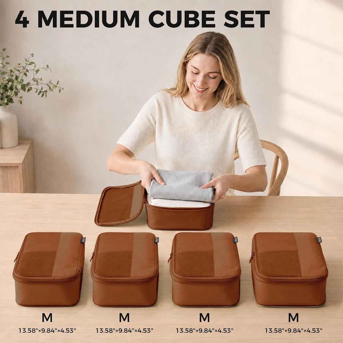 4 Medium Compression Packing Cubes for 3–7 Day Travel, Light Brown