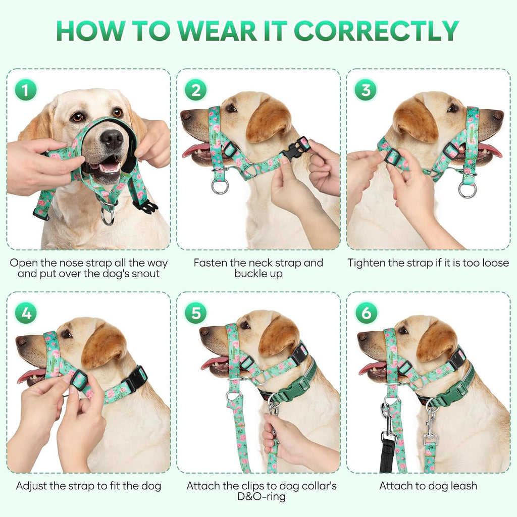 Dog Head Collar, Printed No-Pull Headcollar, Adjustable Dog Head Halter Gentle Lead with Safety Link, 3 Colors Muzzle Leash for Small Medium Large X-Large Dogs Easy Walks(XLarge, Peony)