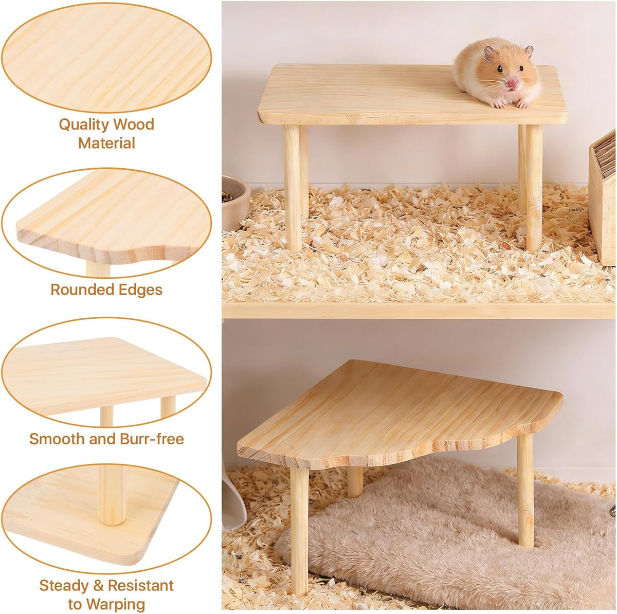 3 Pcs Hamster Platforms, Natural Pine Hamster Play Table, Rectangular & Triangle Hamsters Wooden Playground with Platforms for Hamsters, Gerbils, Mice, Squirrel, Small Pets Cage Accessories