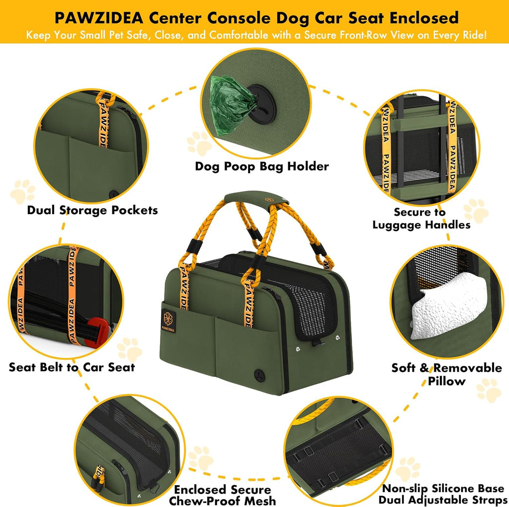 PAWZIDEA Center Console Dog Car Seat, Secure Straps & Anti Slip, Up to 12lb