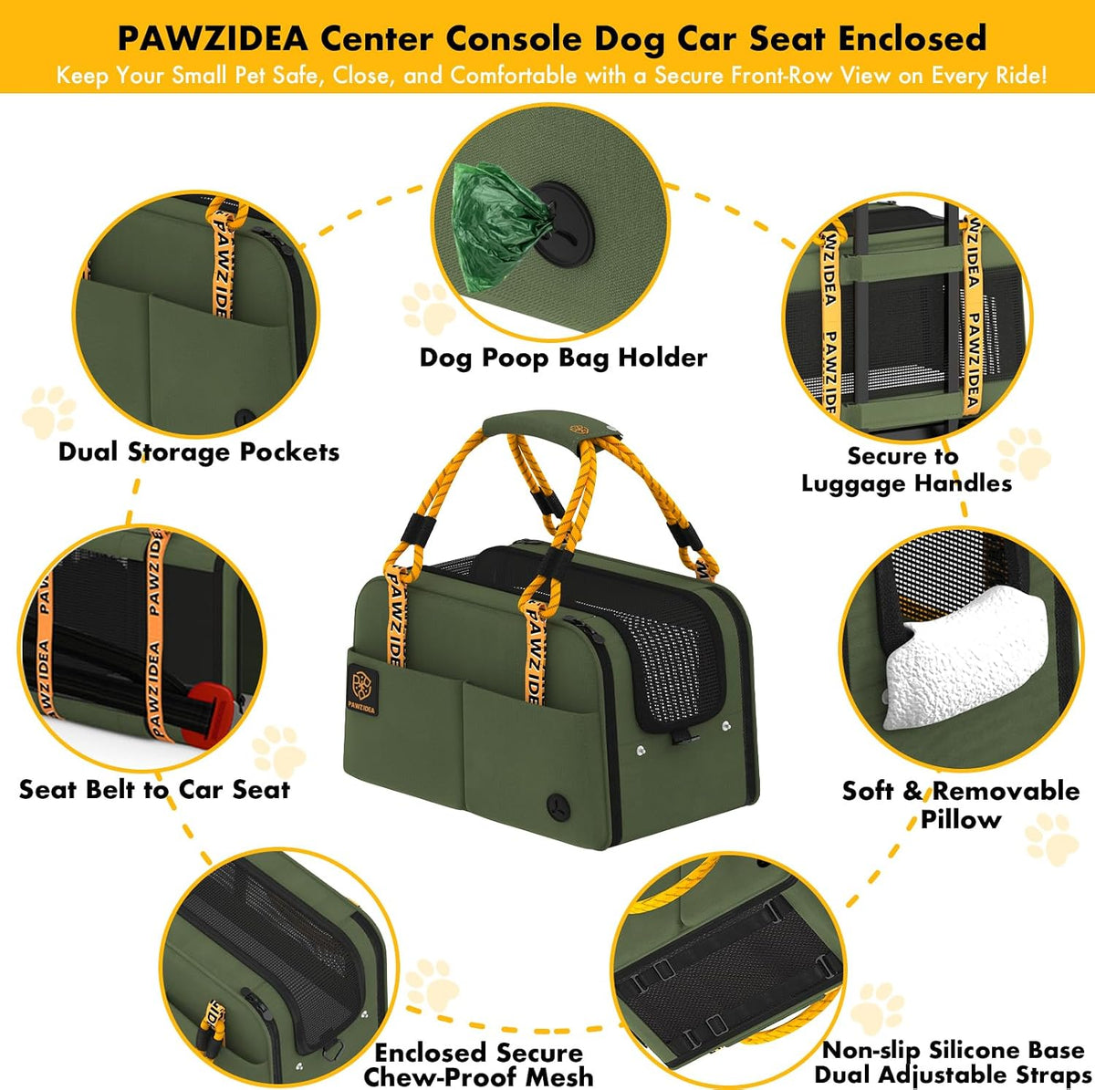 PAWZIDEA Center Console Dog Car Seat, Secure Straps & Anti Slip, Up to 12lb