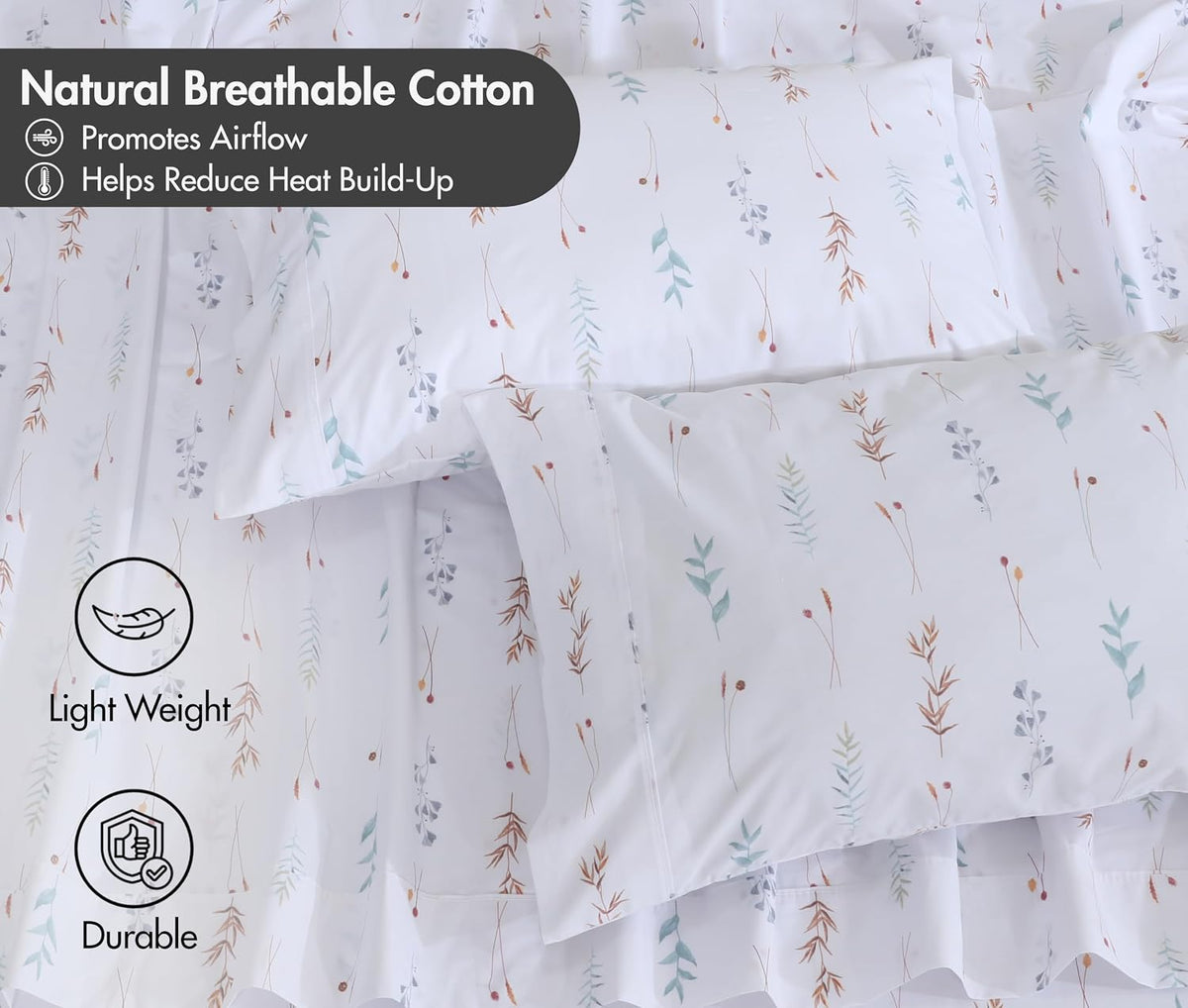 ZOYER 100% Cotton Queen Sheets, Percale Weave, Fairy Meadows