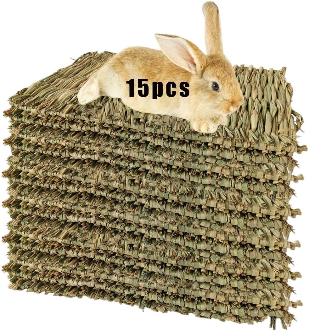Hamiledyi 15 Pack Rabbit Grass Mat Natural Woven Bed Mat for Bunny Bedding