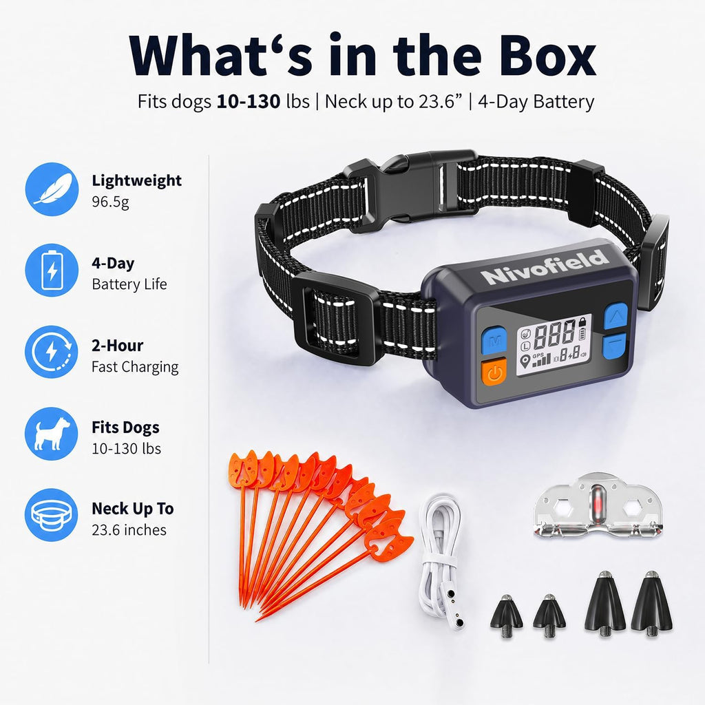 GPS Wireless Dog Fence System, Dual-Band Electric Pet Containment Boundary Collar with 20-999 Yard Adjustable Radius, No App or Subscription Needed, IPX7 Waterproof Training Collar for Dogs