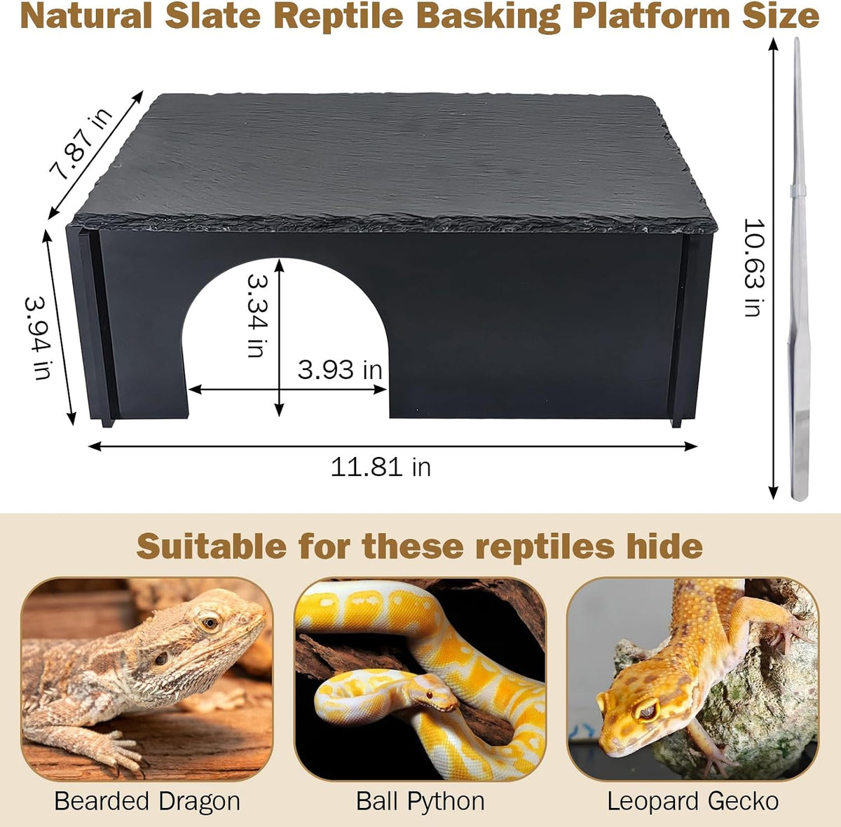 PINVNBY Bearded Dragon Hide Cave, Reptile Basking Platform with Slate Rock
