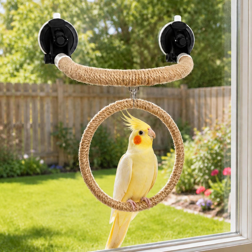 Natural Flax Bird Perch Window Stand for Climbing Grinding, Strong Suction Cup Bird Perch, Movable Parrot Perch Stand for Window Mirror Bath Car, Window Perch for Birds Cockatoo Parrot Cockatiel