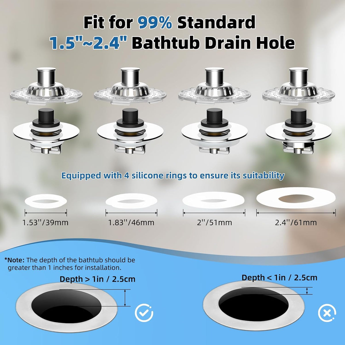 2PCS Universal Bathtub Drain Stopper, All Metal Top Hair Catcher, Chrome