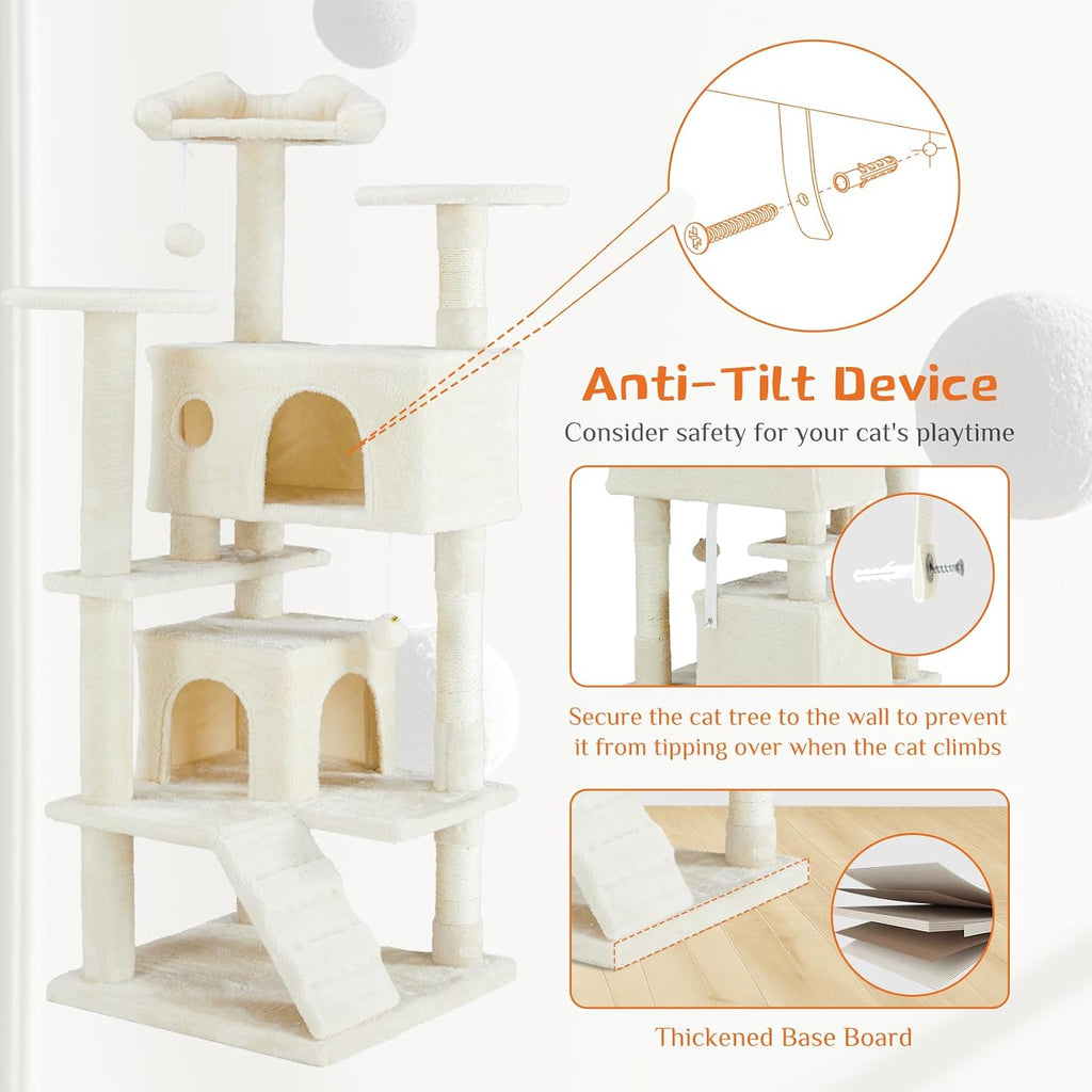 Hexago 54 Inch Cat Tree Tower for Indoor Cats, Multi-Level Cat Condo with Scratching Posts, Climbing Ladder, Plush Hammock, and Toy Ball, Stable Cat Play House Furniture, Beige