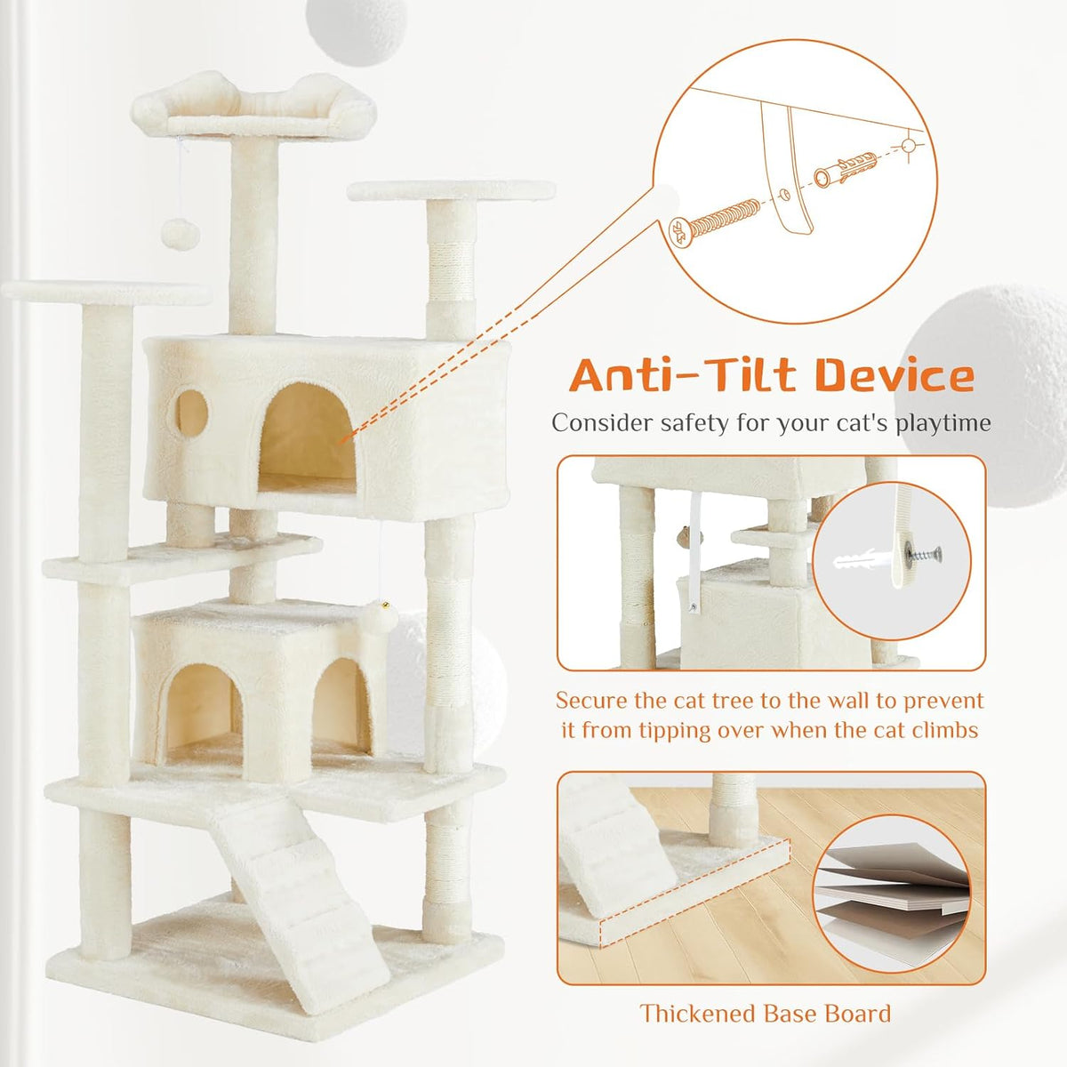 Hexago 54 Inch Cat Tree Tower for Indoor Cats, Multi-Level Cat Condo with Scratching Posts, Climbing Ladder, Plush Hammock, and Toy Ball, Stable Cat Play House Furniture, Beige