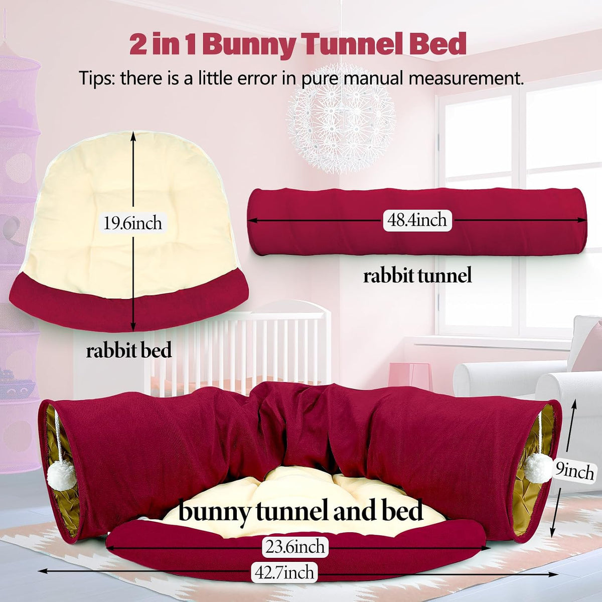 Bunny Tunnel Bed, 2-in-1 Collapsible Rabbit Tunnel Hideout with Mat