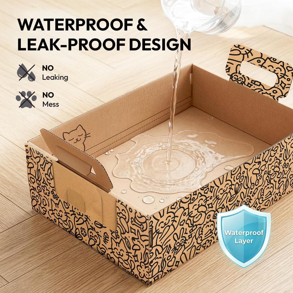 Disposable Cat Litter Box 3 Pack, Foldable Portable Travel Litter Box for Cats, Waterproof Leakproof Cardboard Kitty Litter Box for Travel, Moving, Temporary Use & No-Clean Cat Care