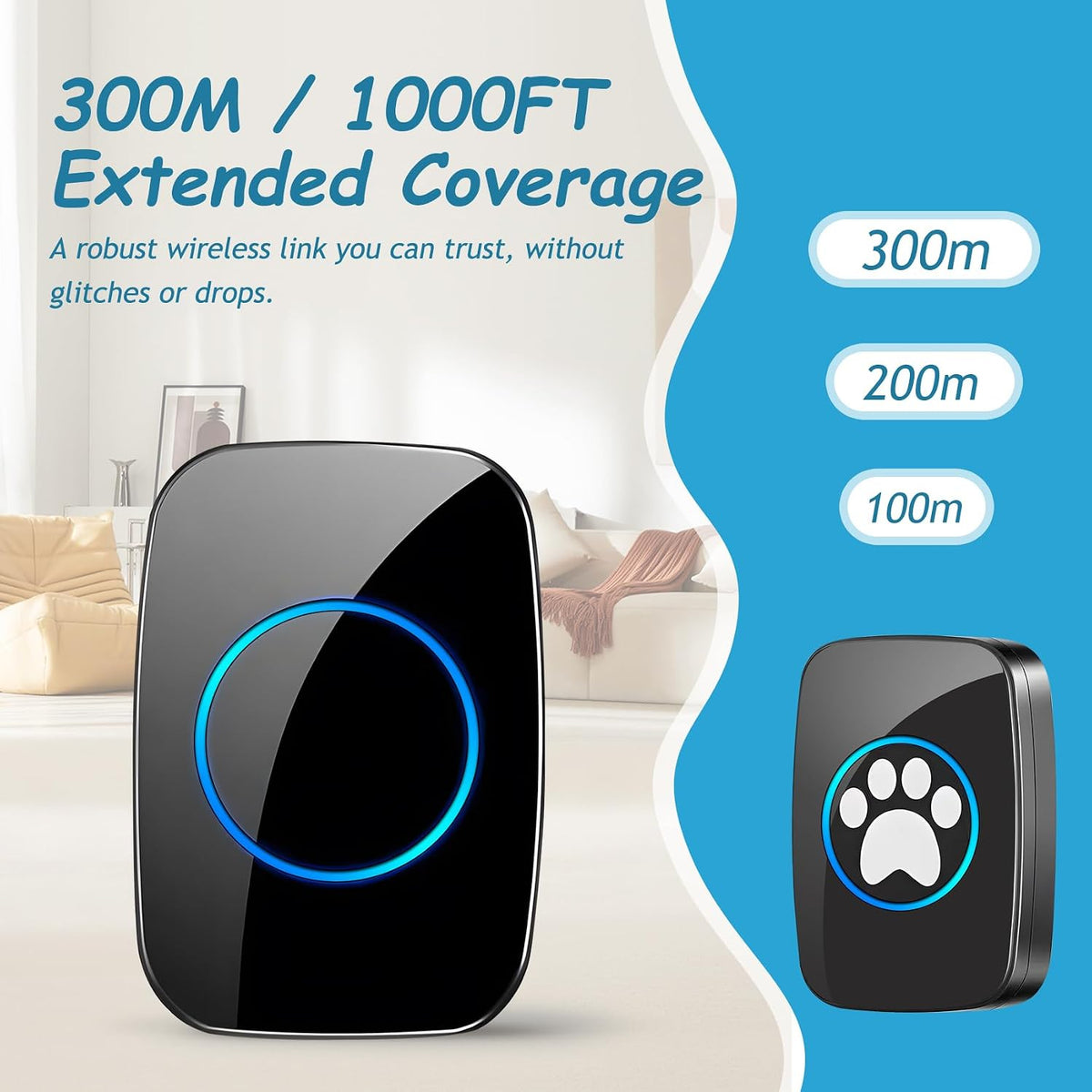 Edge Touch Dog Bell – Blk Wireless Dog Door Bell (1 Bell & 1 Chime)