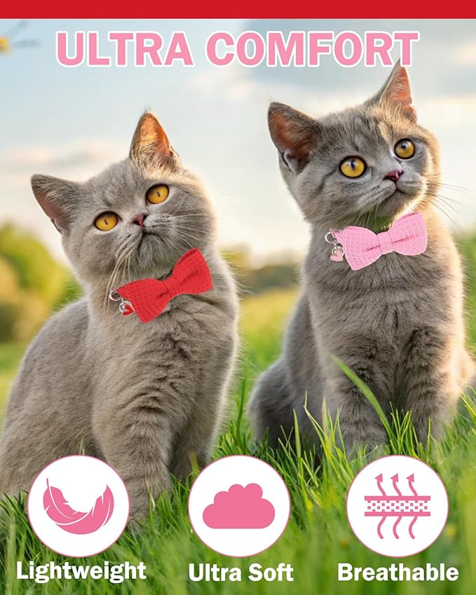Cat Collar Breakaway with Bells, Soft Cotton Pink Cat Bowtie Collar - Image 7
