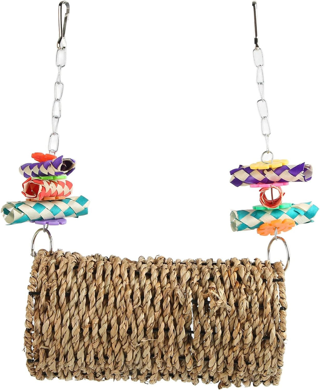 Grass Tunnel Toy Hanging Hideout for Birds and Small Animals with Seagrass Rope Bamboo Pieces and Colorful Tubes for Chewing Perching Sleeping