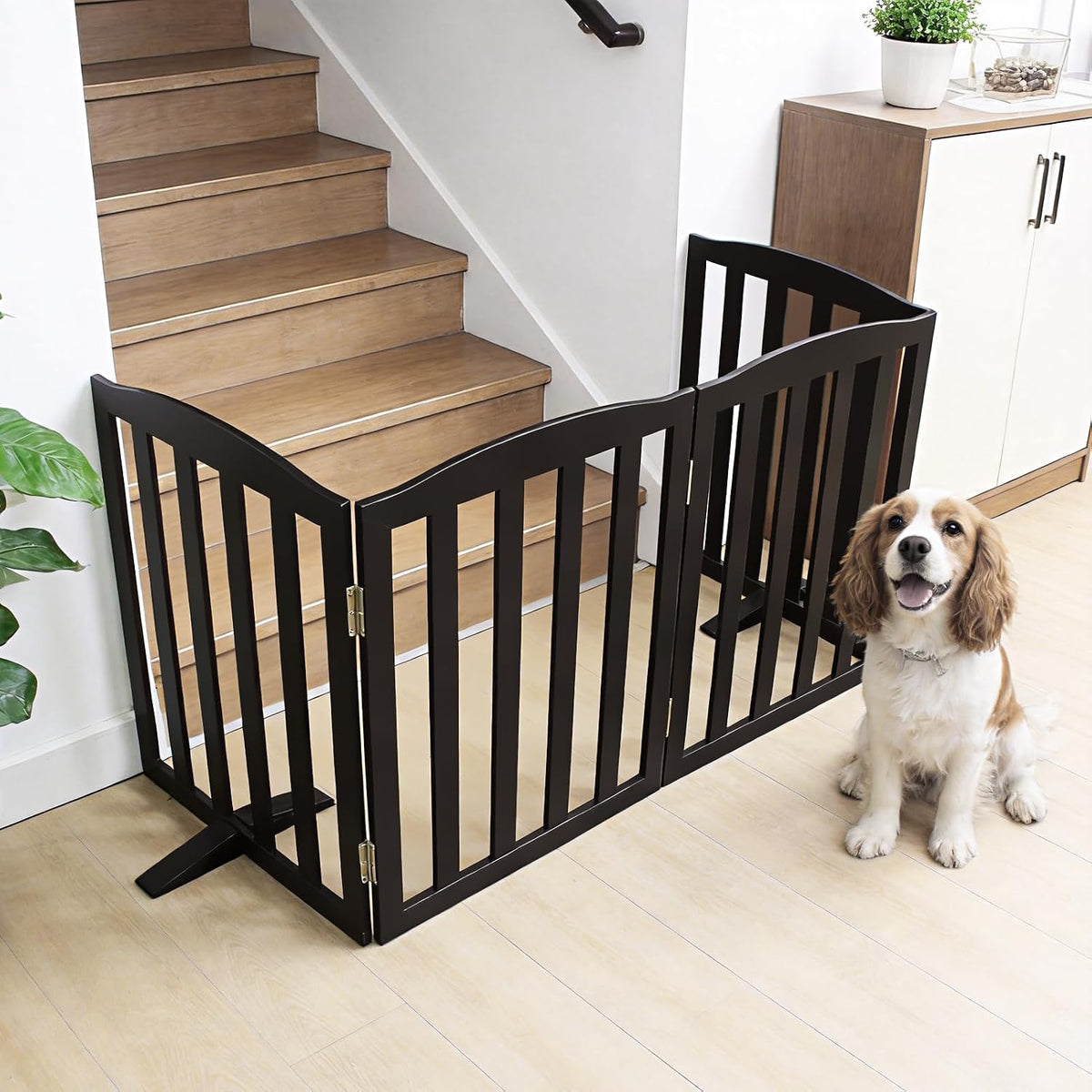 Freestanding Dog Gate Indoor,Doggie Gate Foldable Pet Gates for Doorways,Stairs or Hallways, Wooden Black Pet Gate for the House, Pet Fence with Support Feet Included,32 "Height-2 Panels