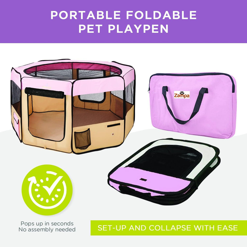 Zampa Puppy Pop Up Portable Playpen for Dog and Cat, Foldable | Indoor/Outdoor Kitten Pen & Travel Pet Carrier + Carrying Case (Pink, Extra Large (80"x80"x36"))