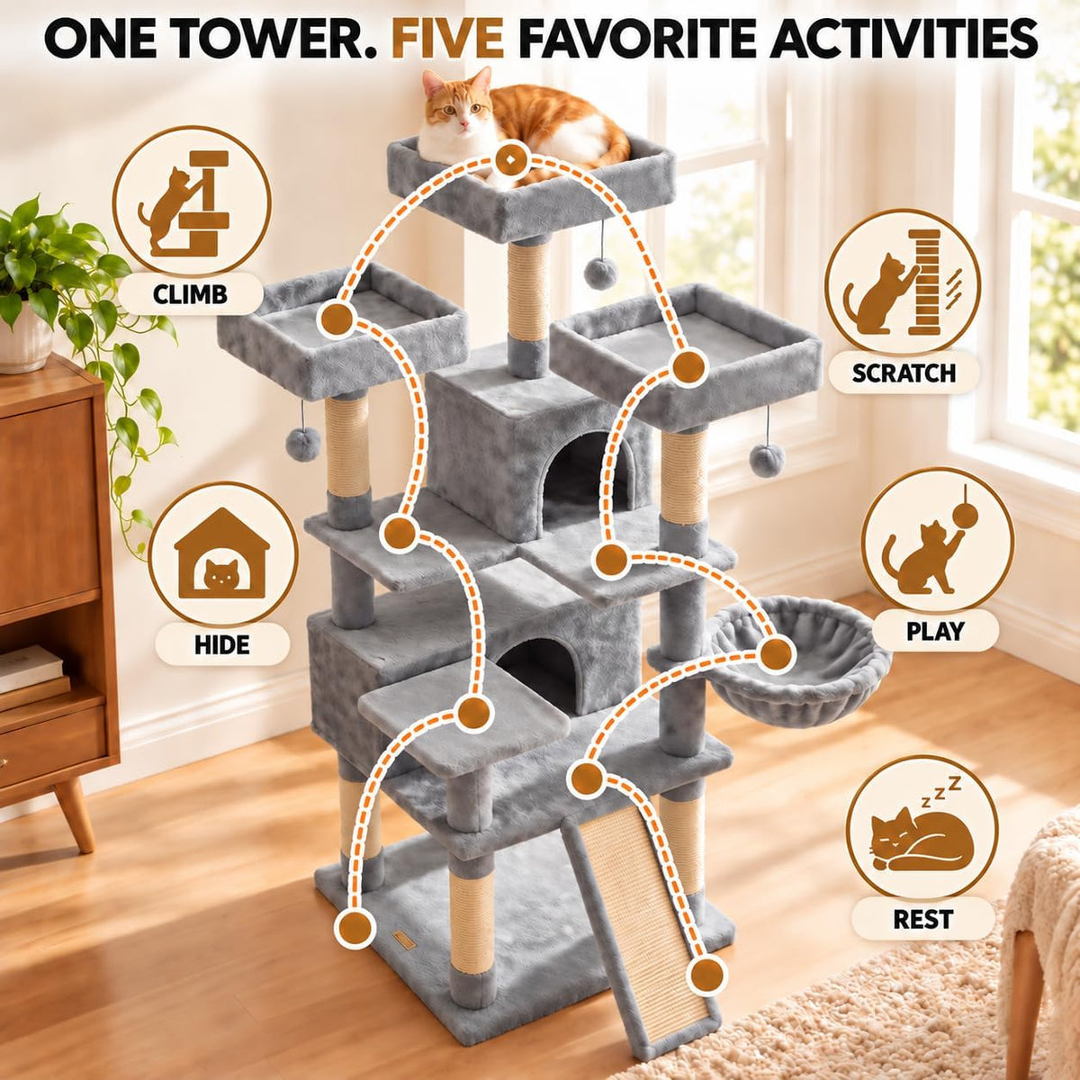 66" Multi-Level Cat Tree, 3 Perches, 2 Condos, Light Gray