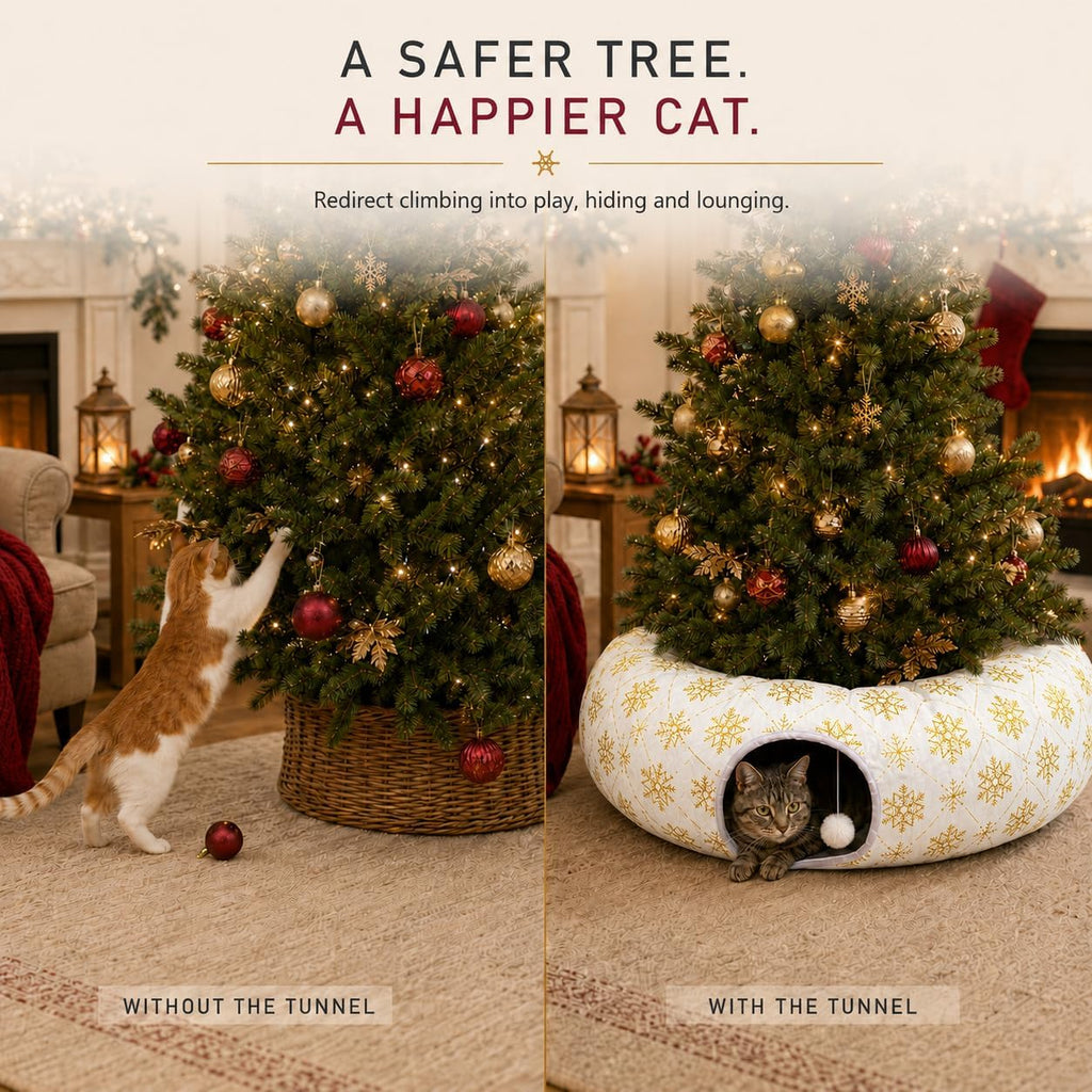 Plush Cat Tunnel Bed, Snowflake Pattern, White