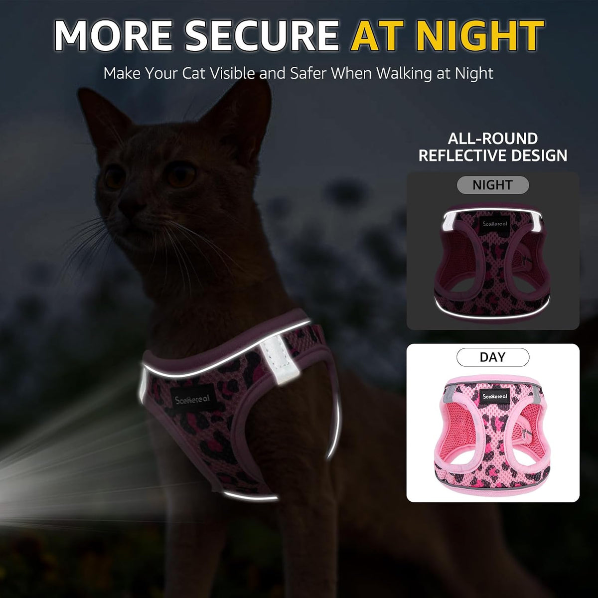 SCENEREAL Cat Harness & Leash Set Escape Proof - Adjustable Air Mesh Vest with Reflective Strips for Kittens, Puppies, Rabbits, Pink Leopard M