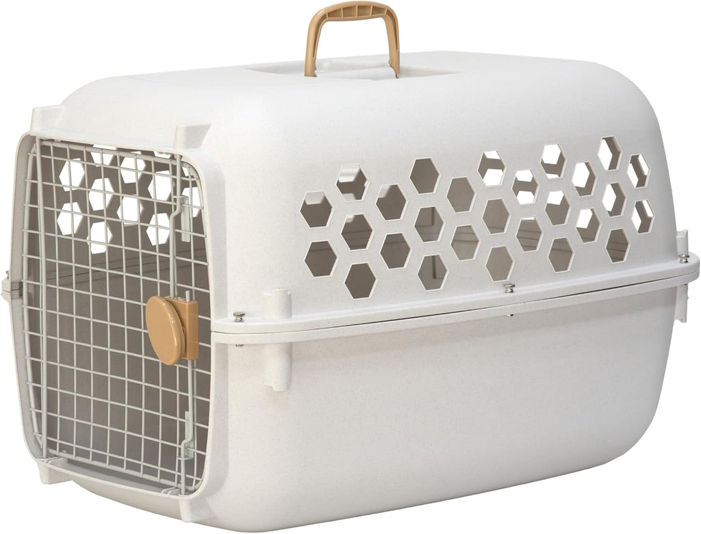SportPet 26” Small Front Load Hard Sided Pet Carrier Kennel – Easy Access Durable Plastic Travel Crate with Carry Handle - Dog, Cat, Rabbit, & Small Pet, Ventilated Shell for Car, Vet, & Home – Cream