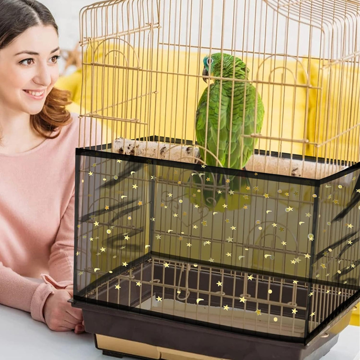 Daoeny Large Bird Cage Cover, Bird Cage Seed Catcher, Adjustable Soft Nylon Mesh Net with Twinkle Moon Star, Birdcage Cover Skirt Seed Guard for Parrot Parakeet Macaw Round Square Cages (Black)