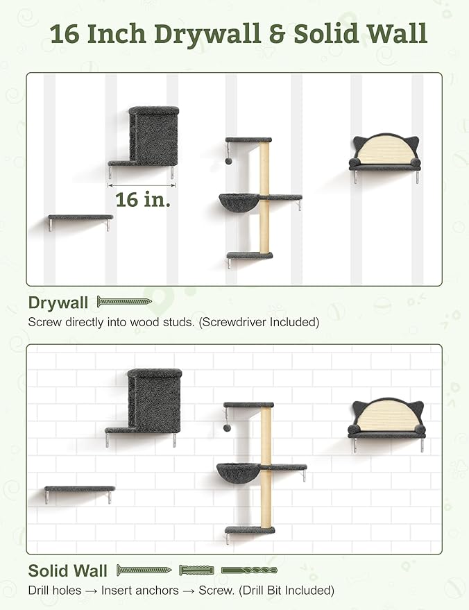 5-in-1 Cat Wall Shelves, Solid Wood & Velvet & Sisal Scratcher, 44lbs Max Load - Image 7