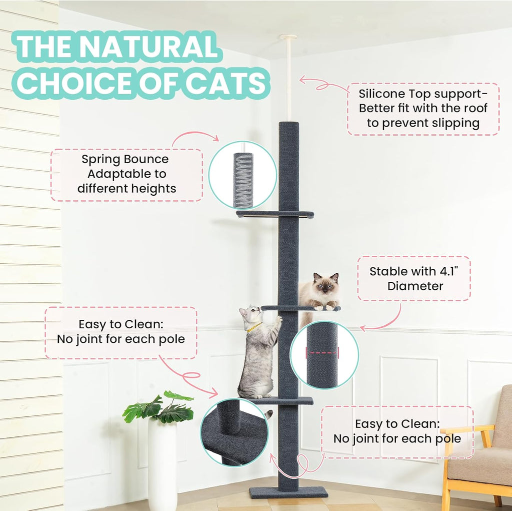 Max & Marlow 95-108" Floor to Ceiling Cat Tree for Indoor Cats, Dark Grey
