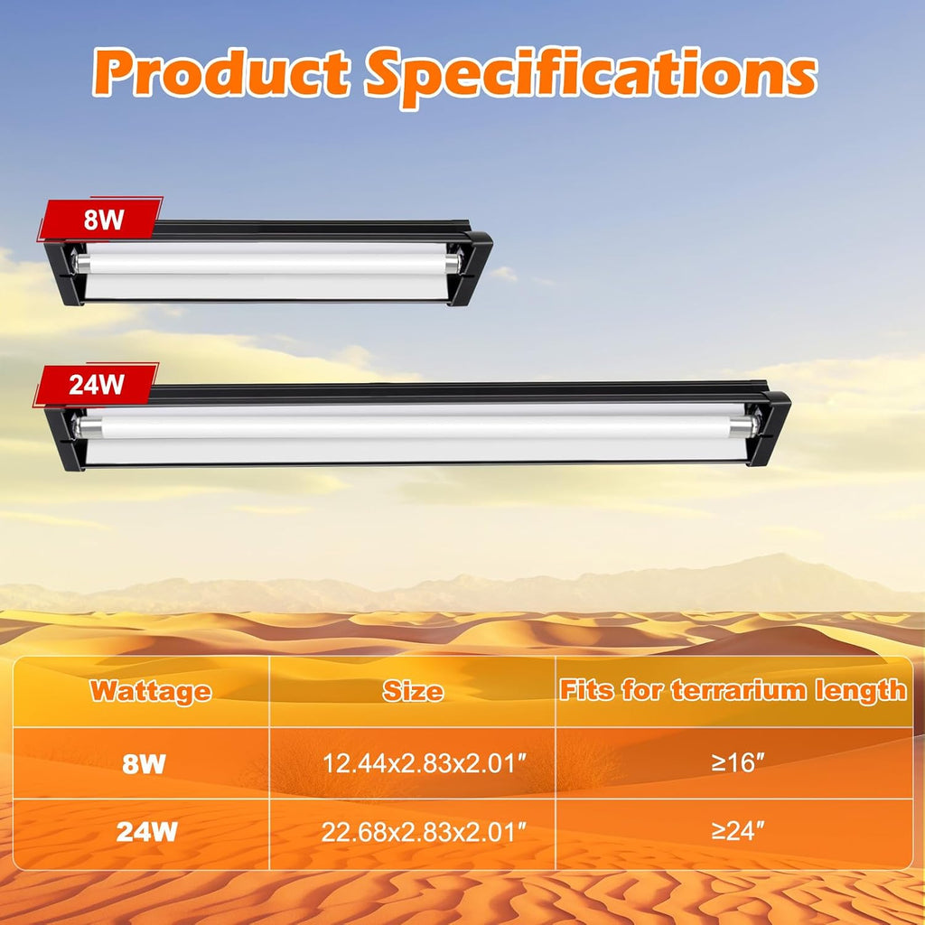T5 UVB Reptile Light Fixture Combo Kit 8W 10.0 – Complete HO UVB Light for Reptiles with 12.44" Terrarium Hood, Desert UVB Bulb for Bearded Dragon Gecko Tortoise Lizard – Easy to Install and Use