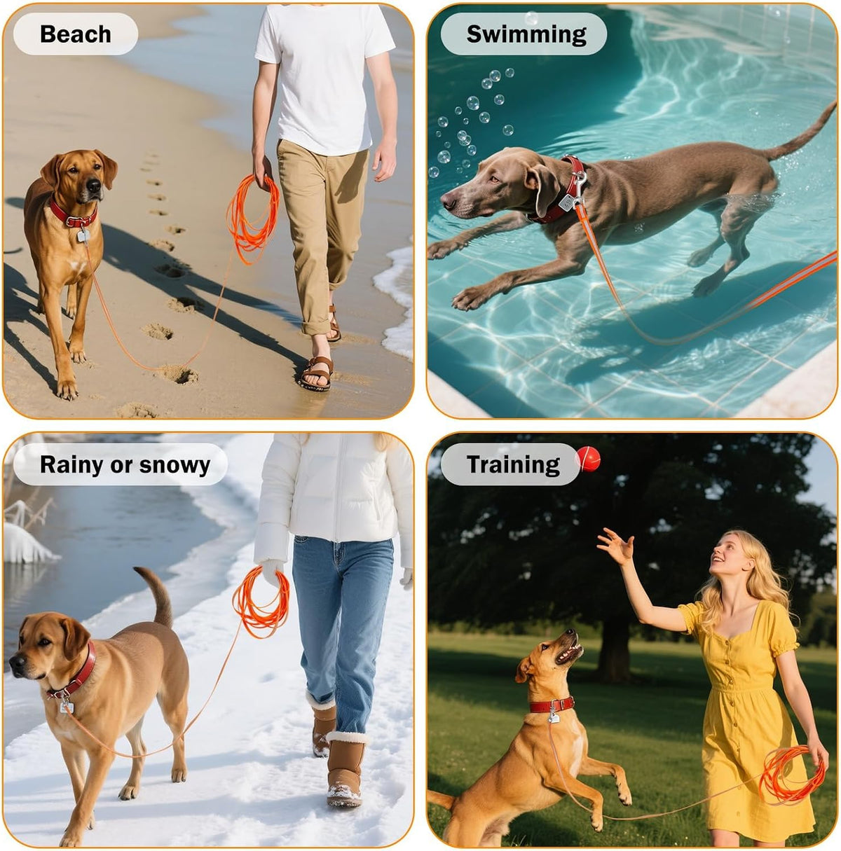 Long Dog Leash Waterproof Recall Training Lead Padded Reflective