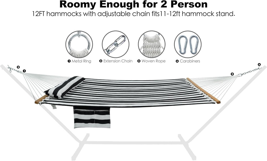 GAFETE 12ft 2 Person Hammock for Outside with Hardwood Spreader Bar