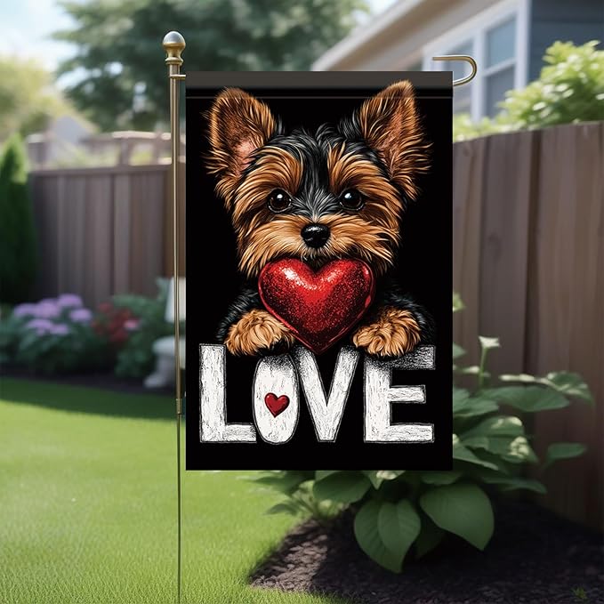 Cute Kasha Dog Garden Flag Holding Red Heart Love Sign Double Sided Yard Banner - Image 3