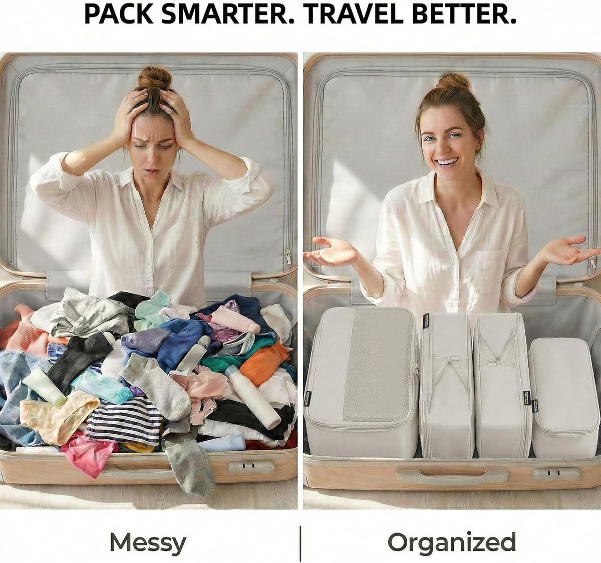 4 Large Compression Packing Cubes for 7–14 Day Travel, Off White