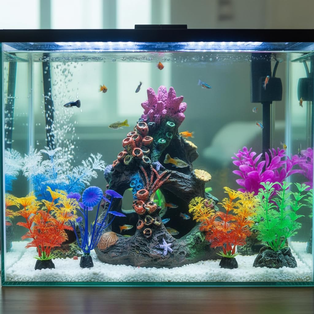 Coral Small Fish Tank Decorations with 4PCS Artificial Aquarium Plants