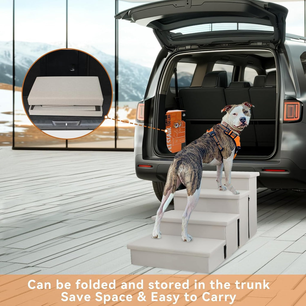 Zerbuger 4 Step Beige Dog Stairs with Storage, 23" High Folding Pet Steps