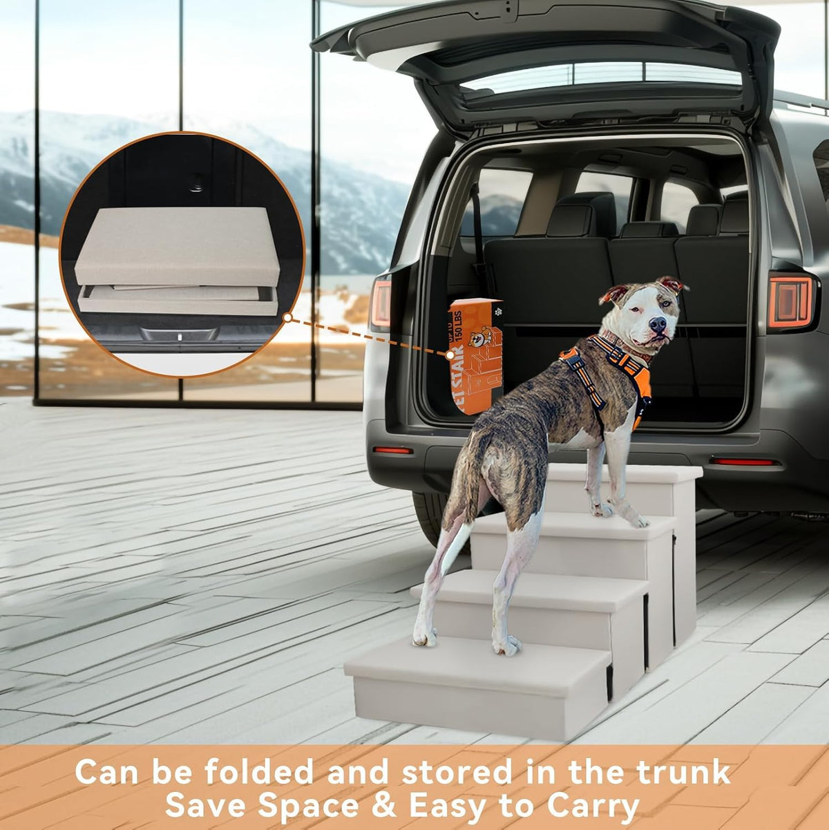 Zerbuger 4 Step Beige Dog Stairs with Storage, 23" High Folding Pet Steps