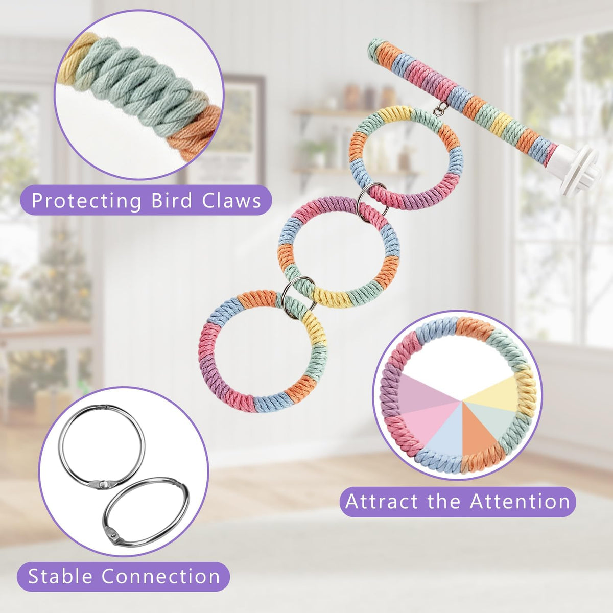 Litewoo 3-Ring Bird Swing Parrot Perch Colorful Cotton Rope Chew Climbe Toy