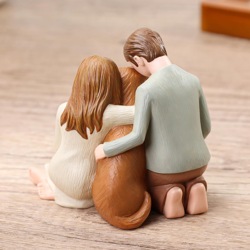 Hensonever Couple with Dog Figurines Ornaments, We are A Family Memorials Statues Gifts for Dog Lovers