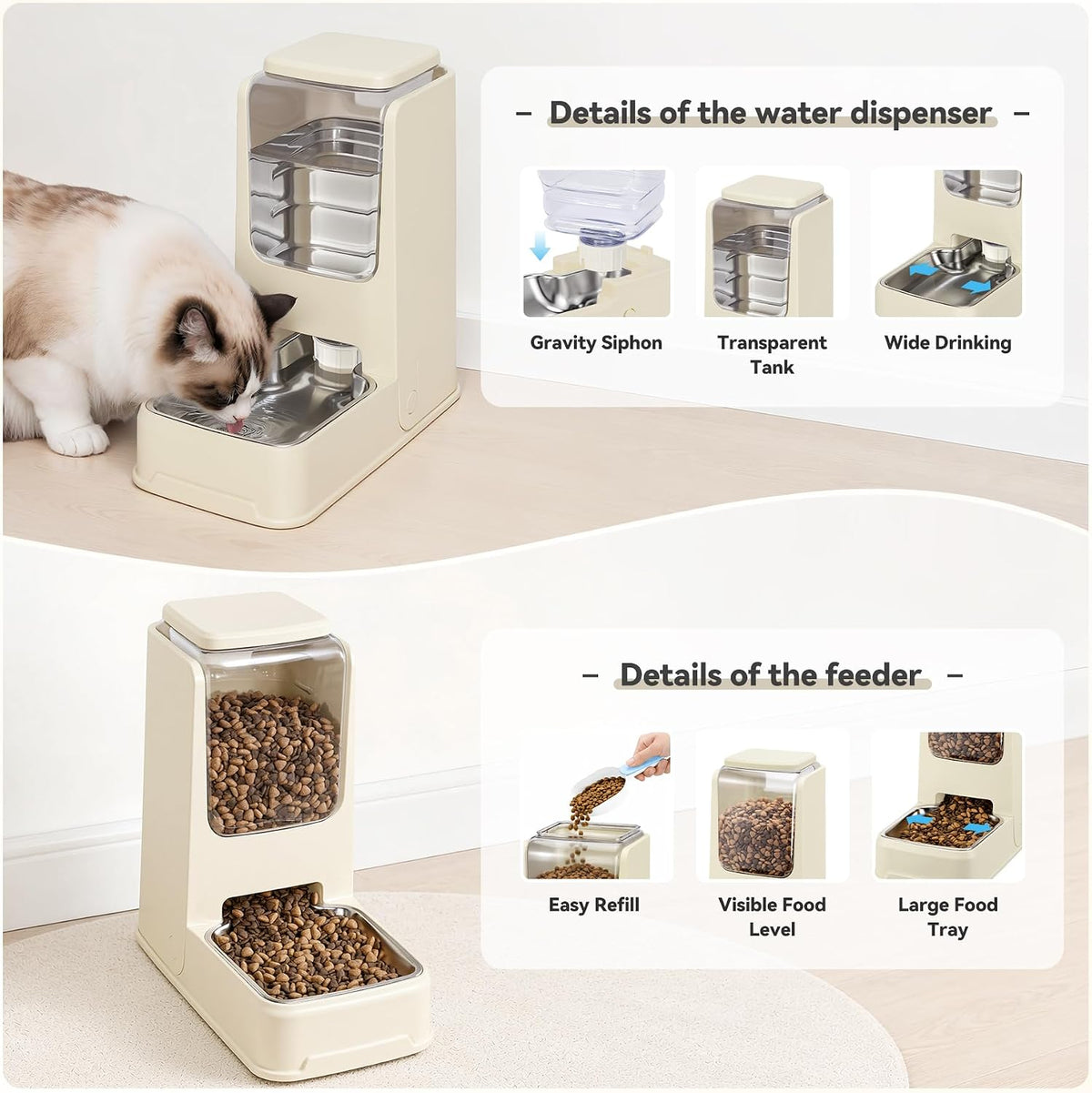 2 Pack Automatic Cat Feeder Stainless Steel Gravity Food and Water Dispenser for Small Medium Kitten Puppy Pets (Cream)